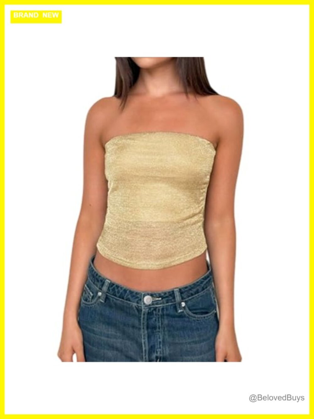 Women Sexy Sheer Mesh Strapless Metallic Crop Tube Top Y2K Glitter Stretchy
